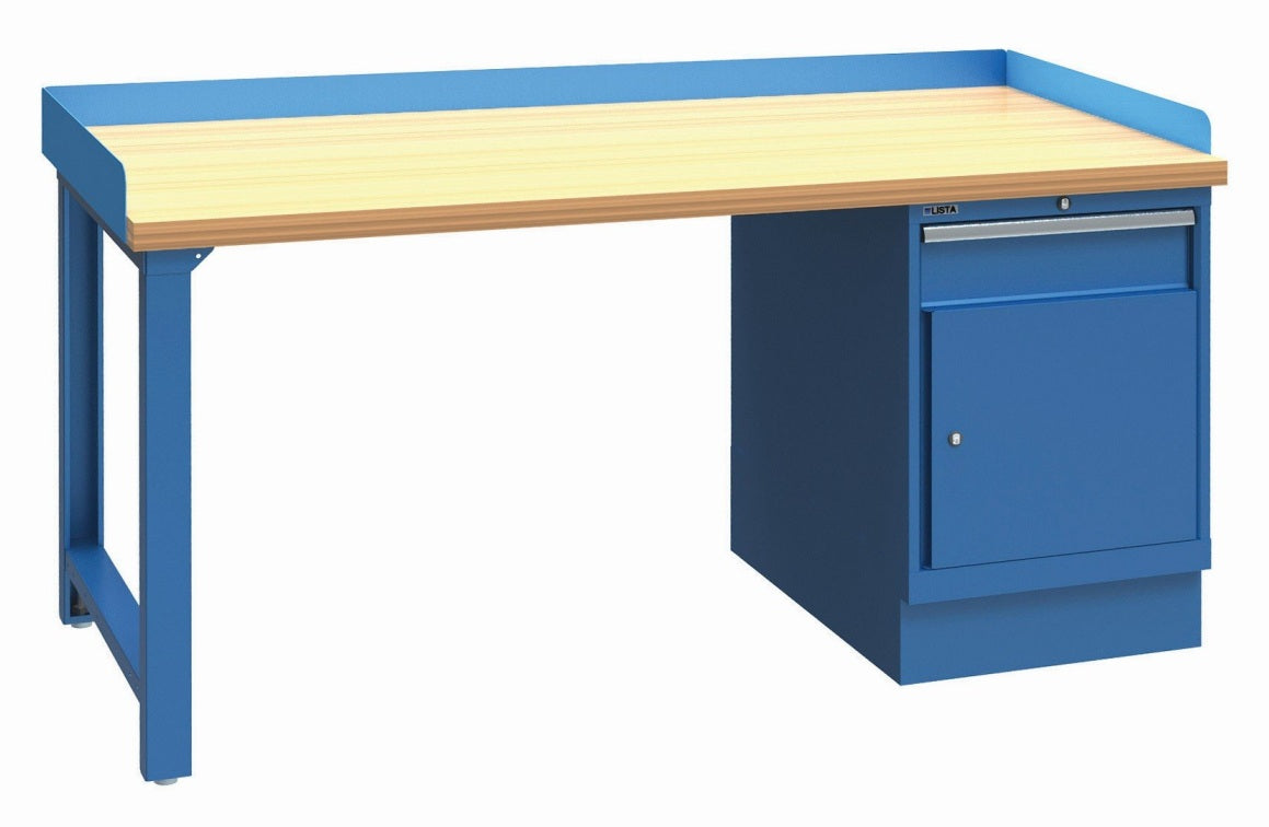 LISTA Industrial Workbench – 60” W x 30” D x 35 1/4” H, Butcher Block Top with Drawer/Door Cabinet Pedestal