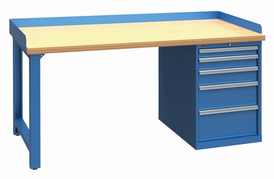 LISTA Industrial Workbench – 60” W x 30” D x 35 1/4” H, Butcher Block Top with 5-Drawer Cabinet Pedestal