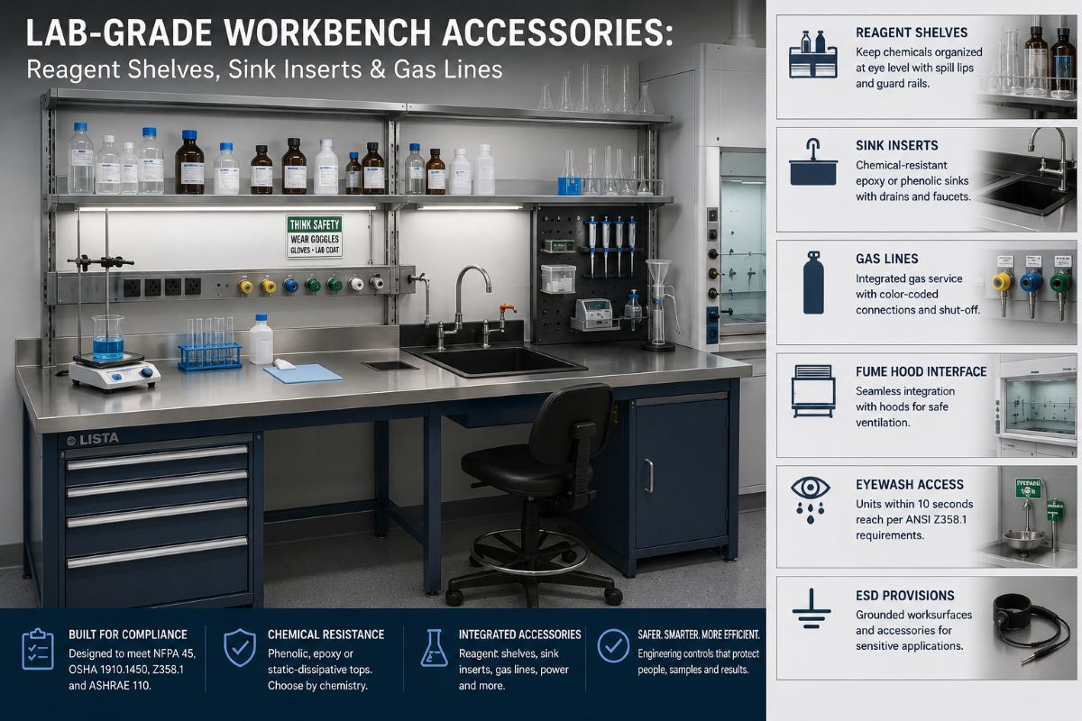 Lab-Grade Workbench Accessories - Reagent Shelves, Sink Inserts & Gas Lines