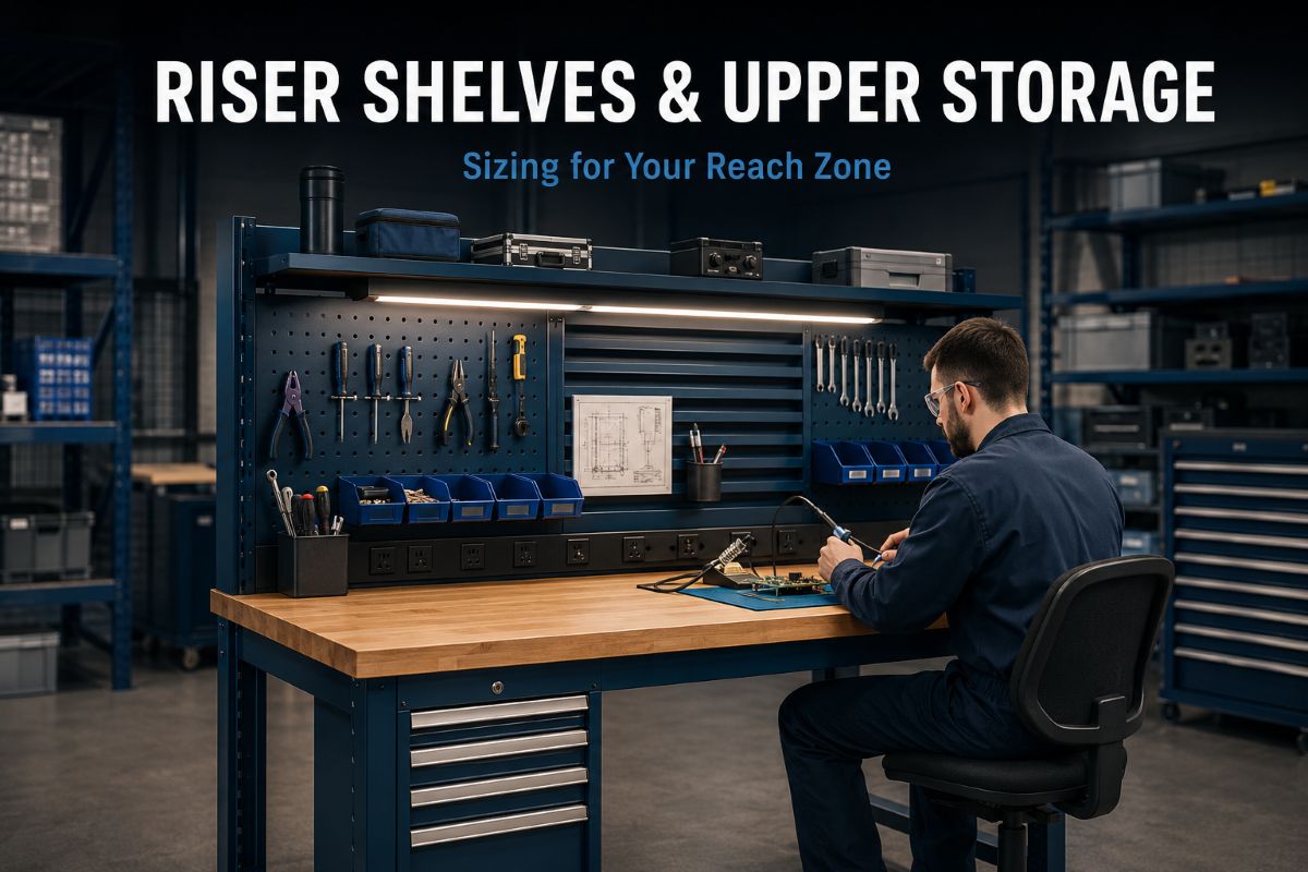 Riser Shelves and Upper Storage for Workbenches: Sizing for Your Reach Zone